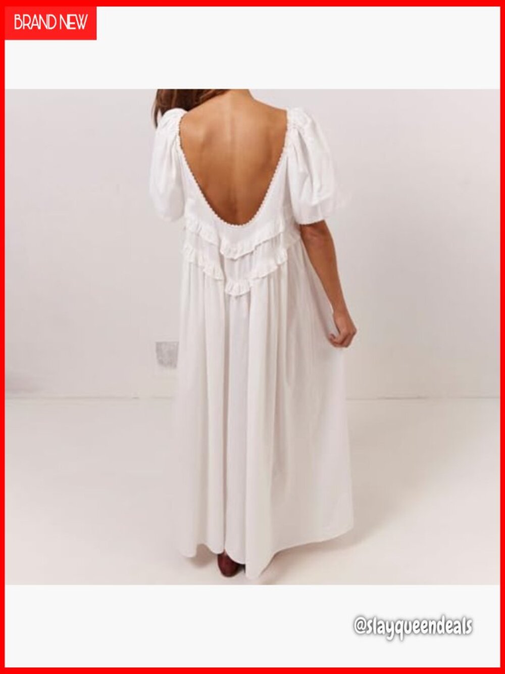 Maxi Dress Low Neckline Open Back Relaxed Fit Long Dress Frill Lace Trim Beach - Picture 4 of 7